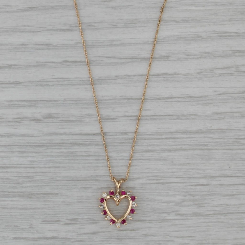 0.24ctw Ruby Diamond Open Heart Pendant Necklace 14k Yellow Gold 16" Rope Chain