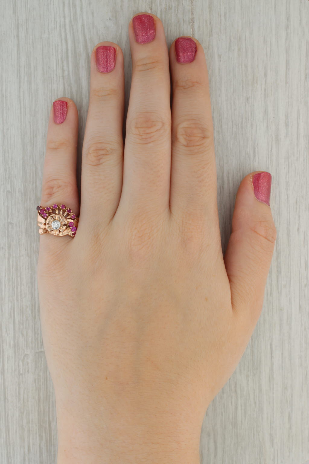 Rosy Brown Retro Vintage 0.68ctw Ruby Diamond Rose Gold Cocktail Ring 14k Size 6.25