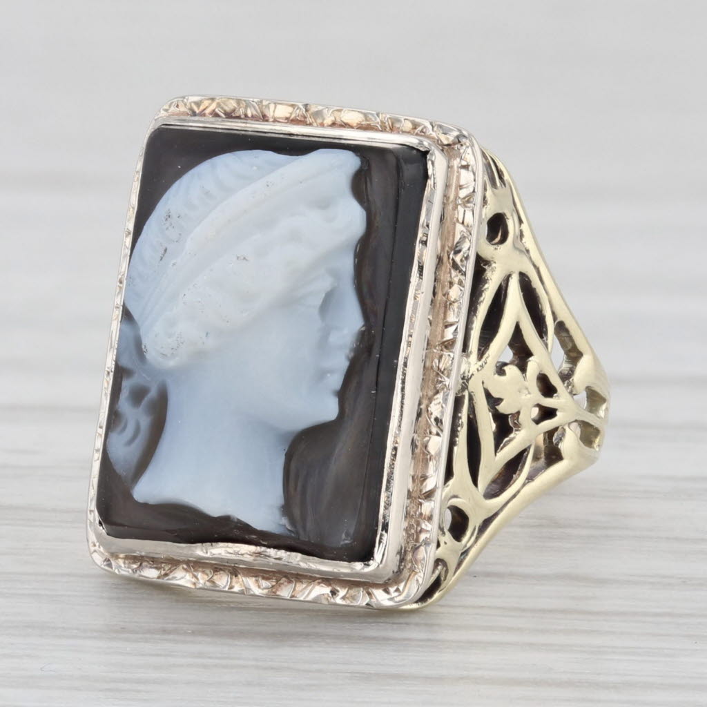 Light Gray Vintage Black White Chalcedony Cameo 14k Yellow Gold Size 3.5 Ring