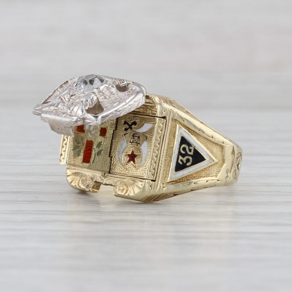Vintage Diamond Masonic Scottish Rite Signet Ring 14k Gold Size 9.25-9.5