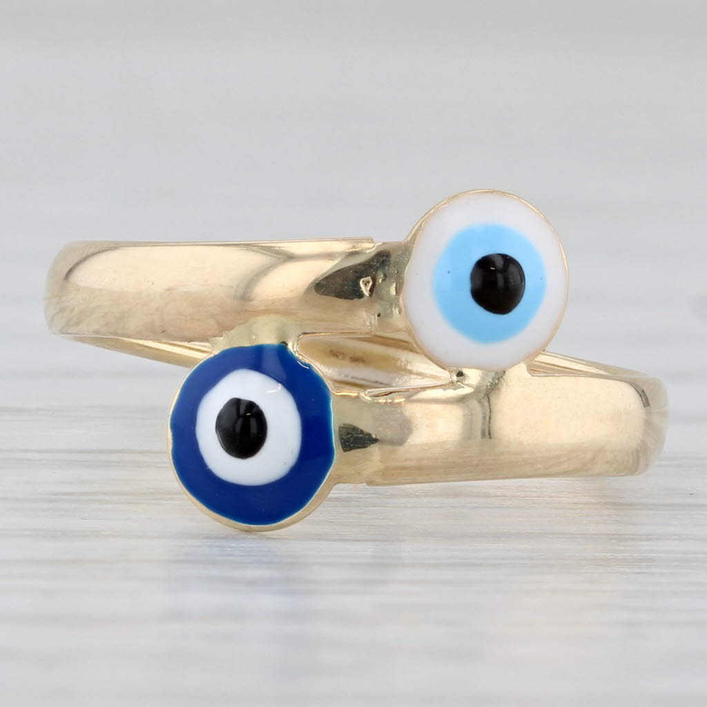 Light Gray New Enamel All Seeing Eye of Deity Bypass Ring 14k Yellow Gold Size 6