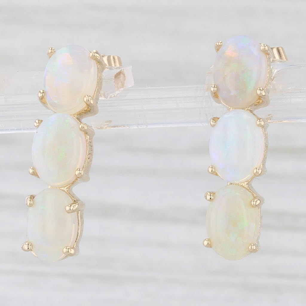 Light Gray Opal 3-Stone Journey Drop Earrings 14k Yellow Gold Oval Cabochons