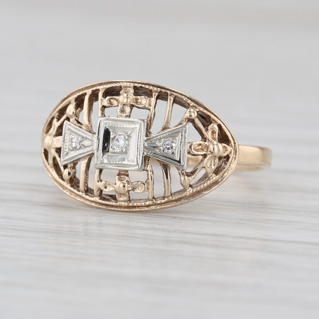 Vintage Floral Art Deco Diamond Filigree Ring 10k Yellow White Gold Size 5