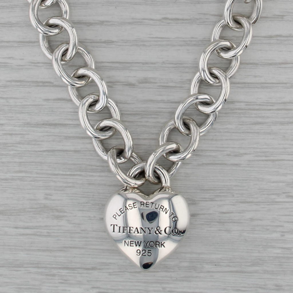 Tiffany Return ID Tag Puffy Heart Pendant Necklace Sterling Silver Cable Chain
