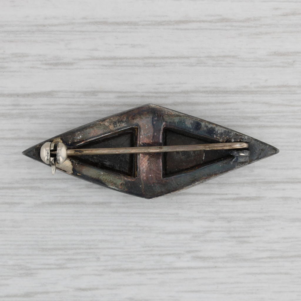 Vintage Onyx Marcasite Brooch Sterling Silver Pin