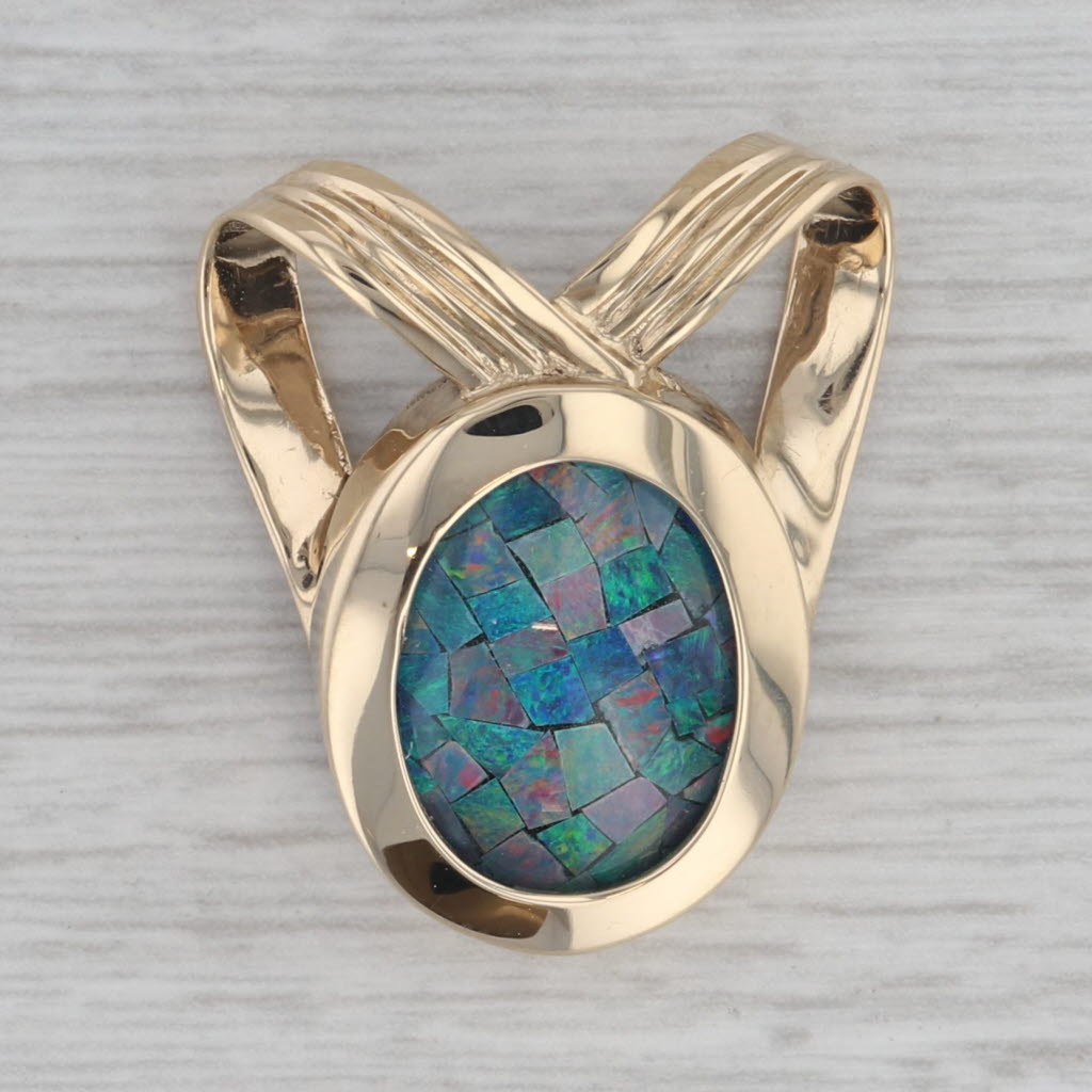 Gray Multicolor Opal Triplet Mosaic Slide Pendant 14k Yellow Gold