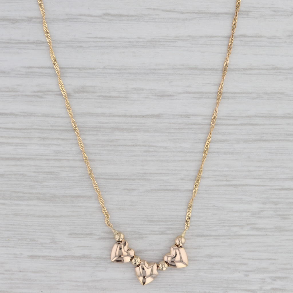 Gray 3-Hearts Bead Pendant Necklace 14k Yellow Gold 17" Singapore chain