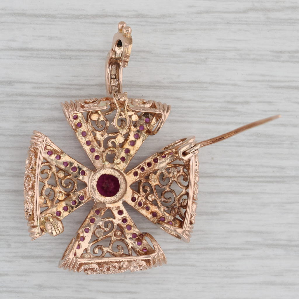 Gray 2ctw Red Garnet Pink Sapphire Filigree Cross Pendant Brooch 14k Rose Gold