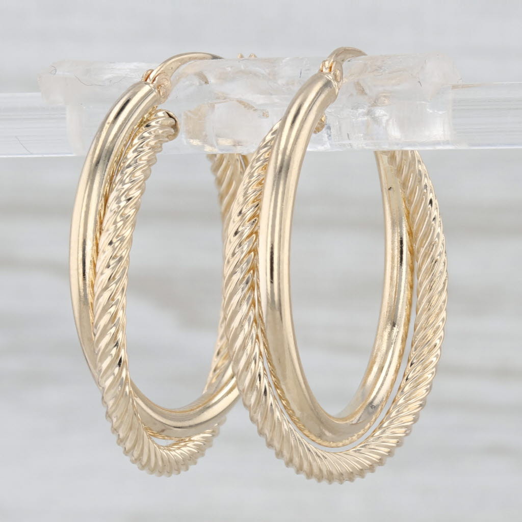 Woven Rope Double Crossover Hoop Earrings 14k Yellow Gold Round Hoops