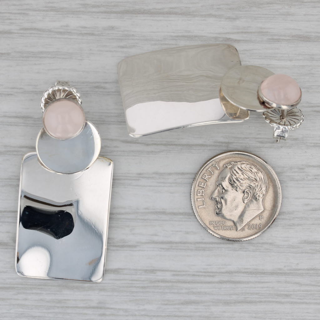 Gray Pink Rose Quartz Dangle Earrings Sterling Silver Round Cabochons