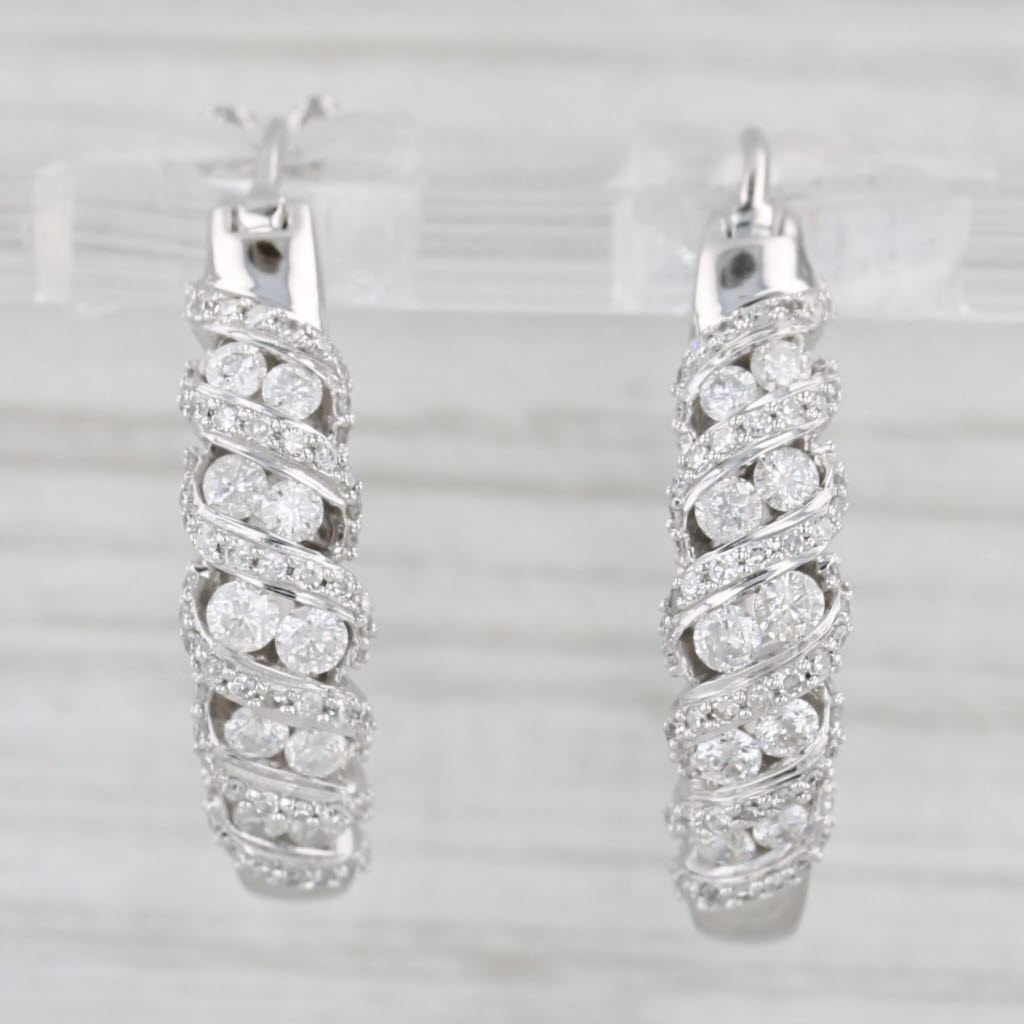 Light Gray 1ctw Scalloped Diamond Hoop Earrings 14k White Gold Snap Top Round Hoops