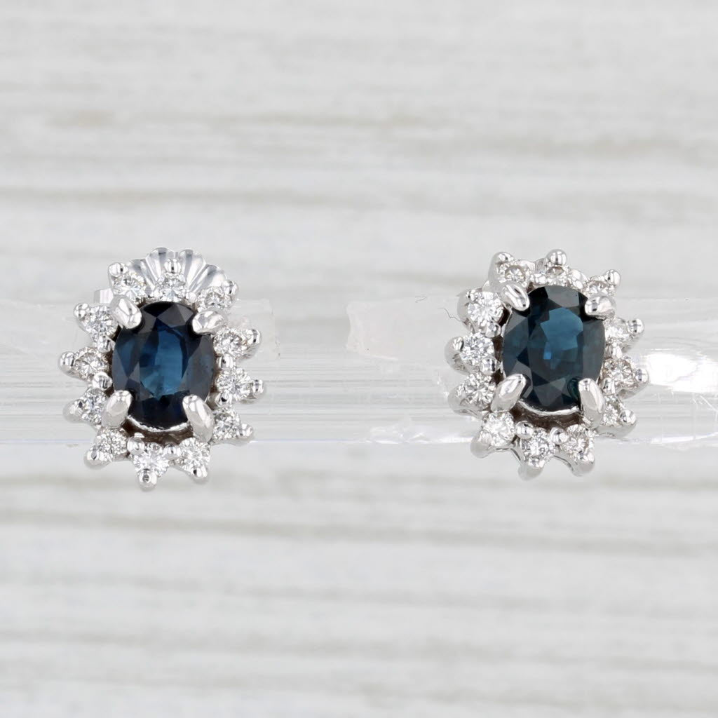 Light Gray 1.13ctw Oval Blue Sapphire Diamond Halo Stud Earrings 14k White Gold