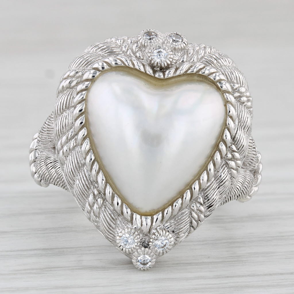 Light Gray Judith Ripka Faux Pearl Heart Ring Sterling Silver Cubic Zirconia Sz 7 Statement