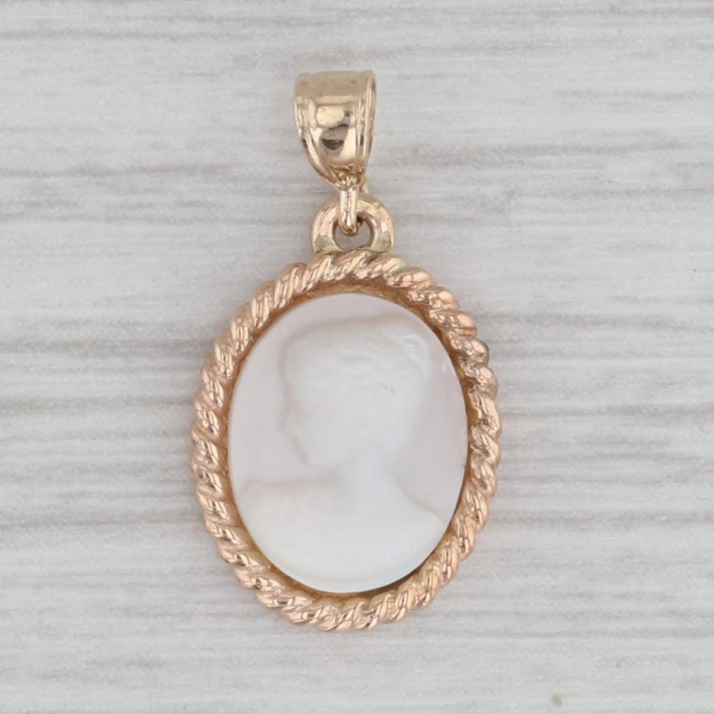 Gray Mother of Pearl Carved Cameo Pendant 14k Yellow Gold