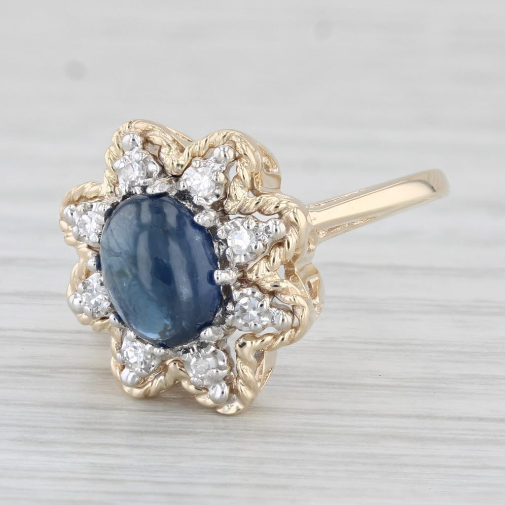 Light Gray 1.89ctw Blue Sapphire Oval Cabochon Diamond Flower Ring 14k Gold Size 7.25