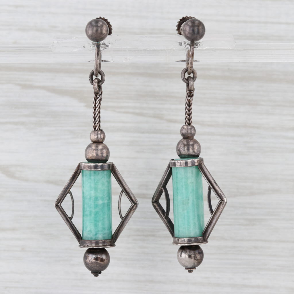 Vintage Amazonite Dangle Earrings Sterling Silver Screw Back Non Pierced As Is