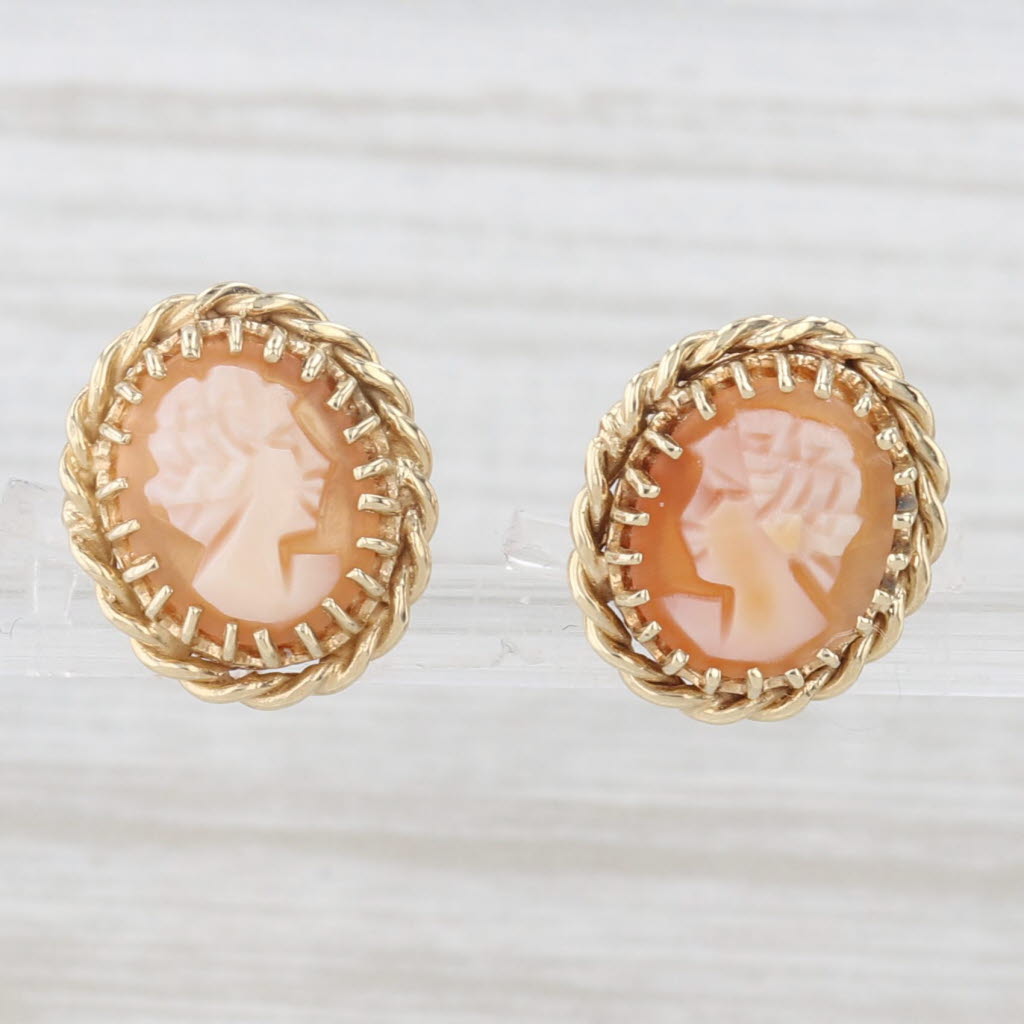 Light Gray Vintage Carved Shell Cameo Stud Earrings 14k Yellow Gold