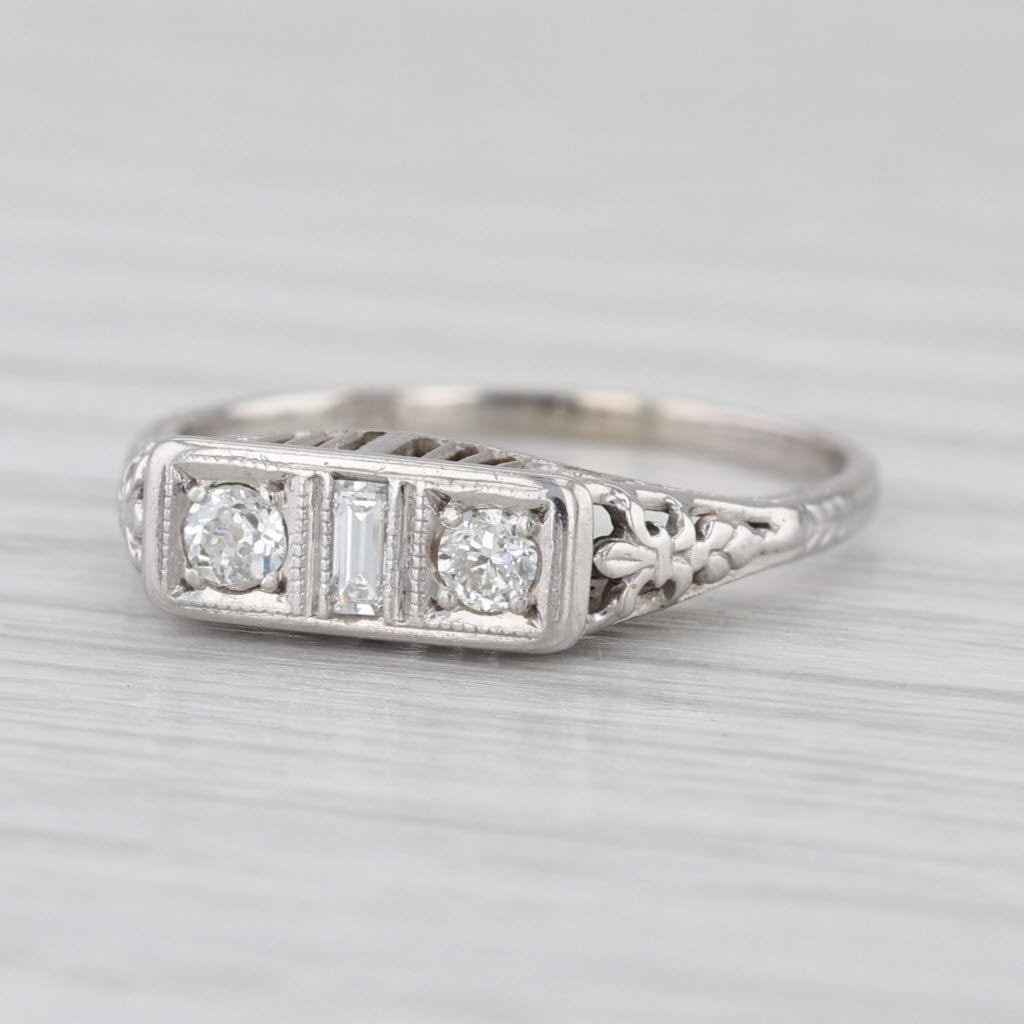 0.17ctw Diamond Art Deco Filigree Ring 14k White Gold Size 7 Stackable