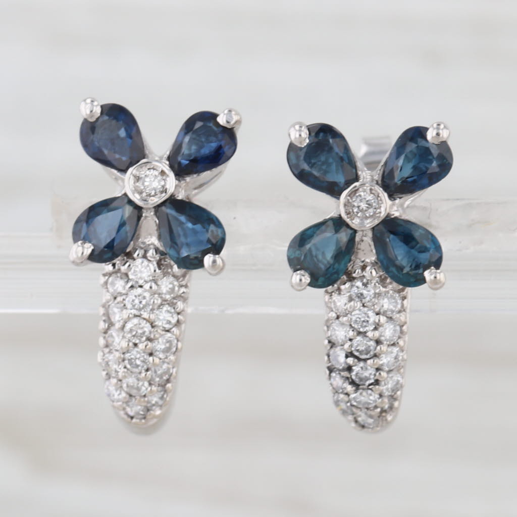 1.80ctw Blue Sapphire Flower Diamond J-Hook Earrings 14k White Gold Drops