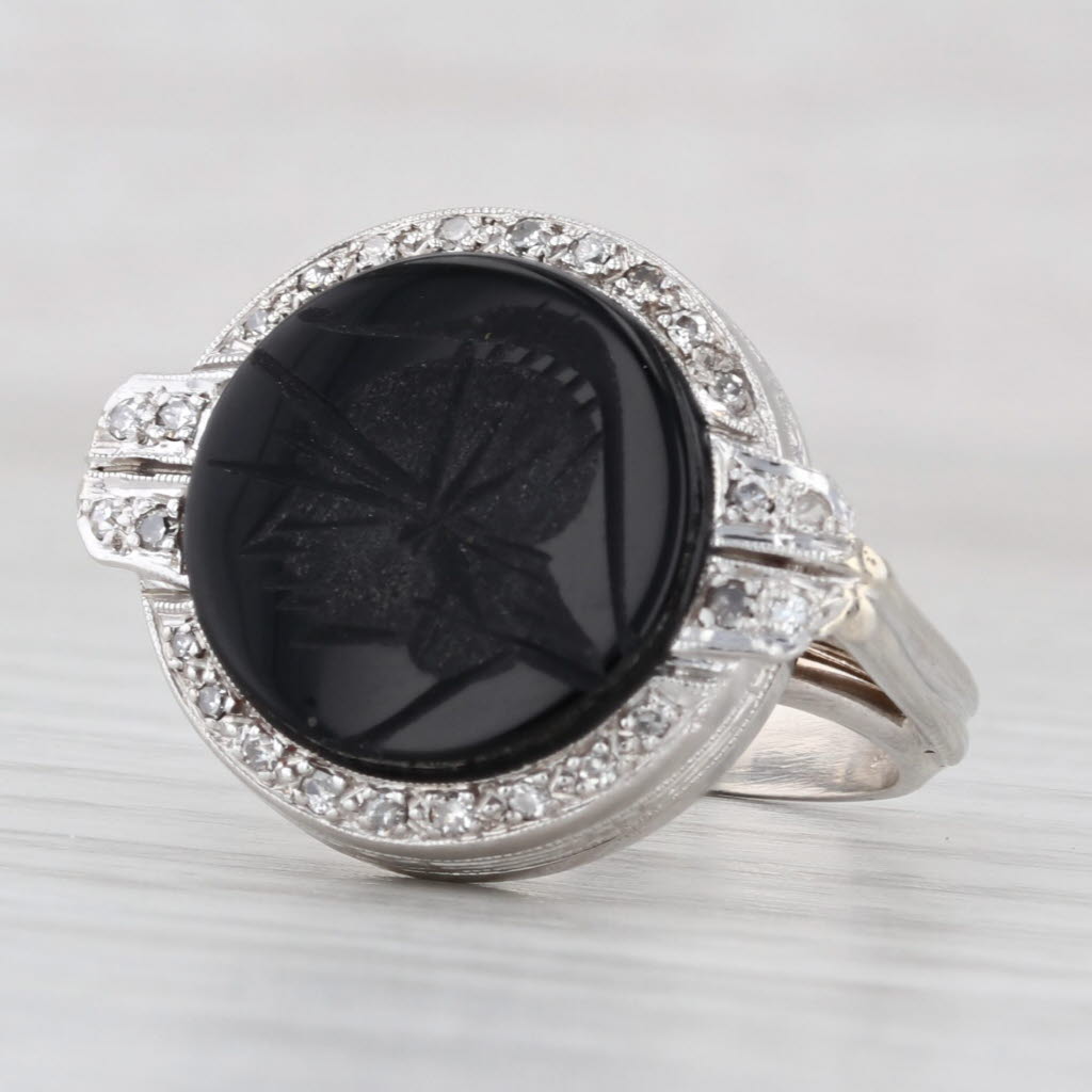 Onyx Intaglio Diamond Halo Ring 14k White Gold Platinum Size 6 Signet