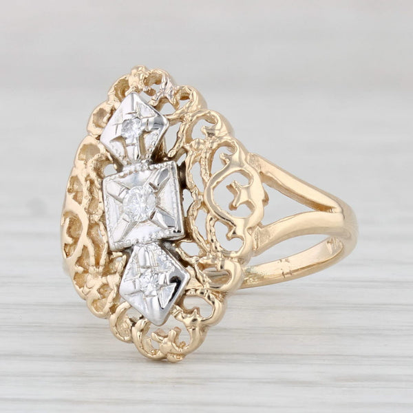 Light Gray Vintage Diamond Ring 10k Yellow Gold Size 4 Ornate Openwork