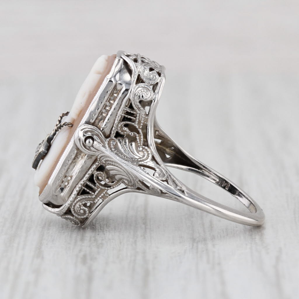 Vintage Carved Shell Cameo Diamond Onyx Signet Flip Ring 14k White Gold Size 5.5