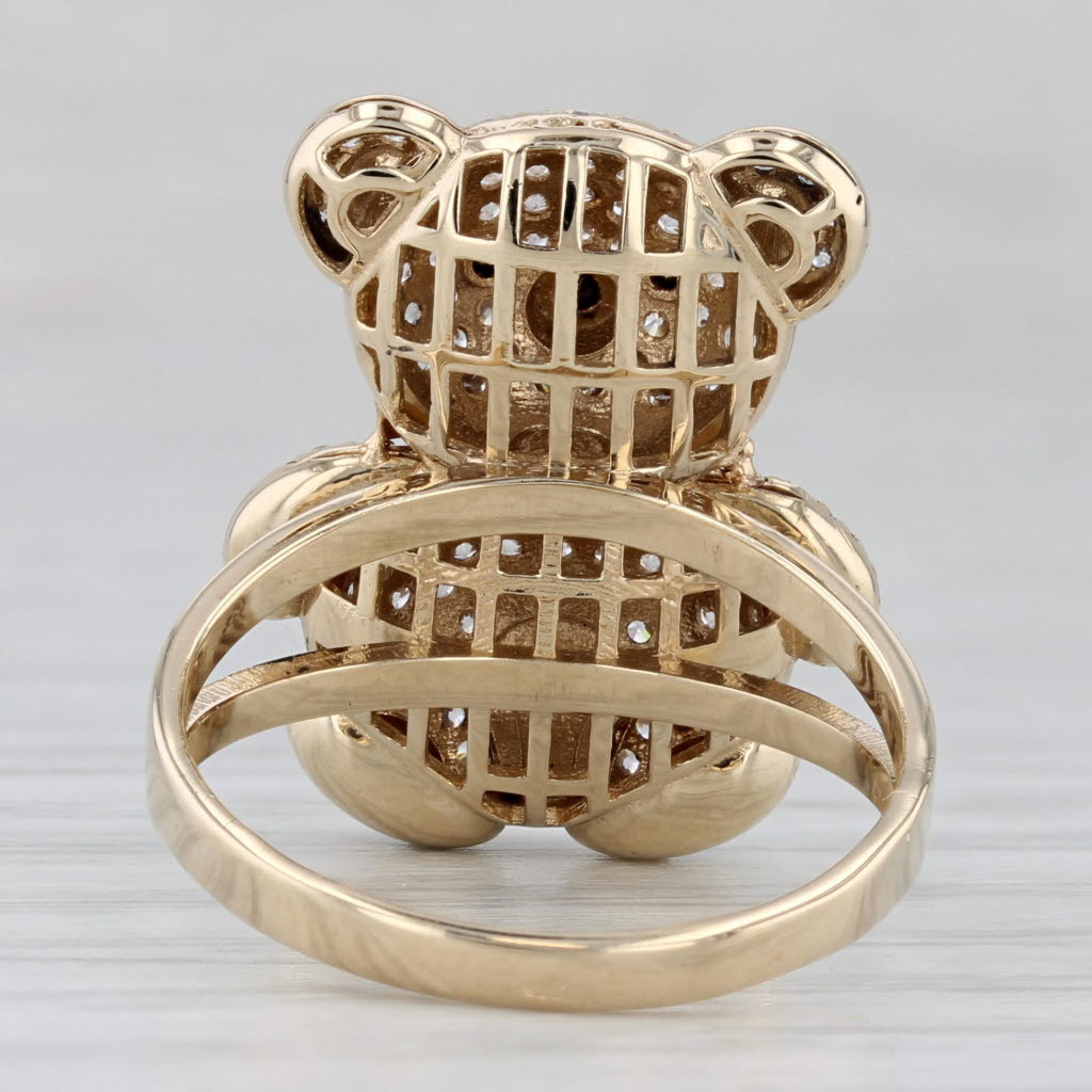 Gray Cubic Zirconia Teddy Bear Ring 14k Yellow Gold Enamel Size 7