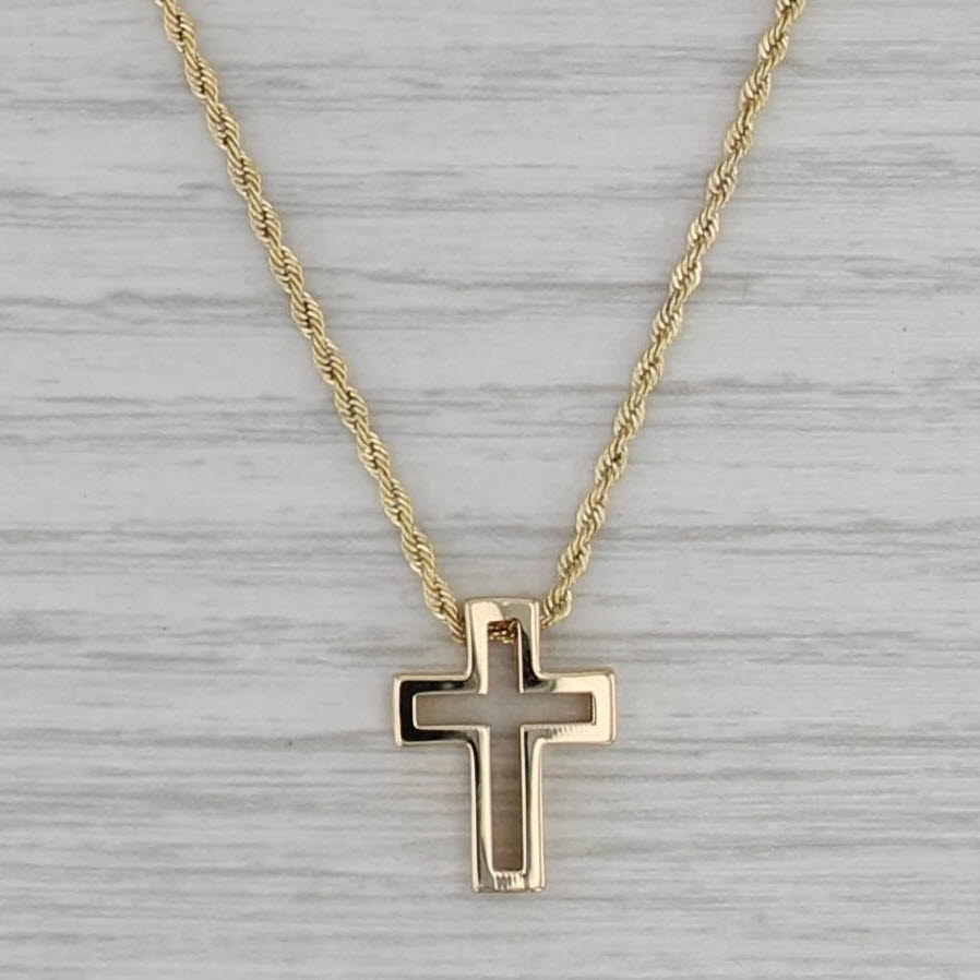 Small Cross Pendant Necklace 14k Yellow Gold Rope Chain 18"