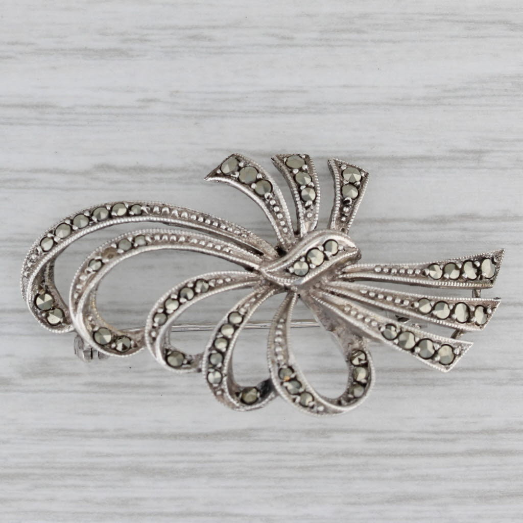 Gray Marcasite Ornate Bow Brooch Sterling Silver Vintage Pin