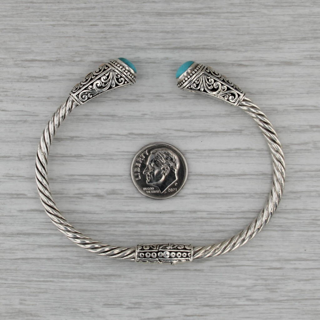 Imitation Turquoise Ornate Cuff Bracelet Sterling Silver 18k Gold Hinged 7.5"