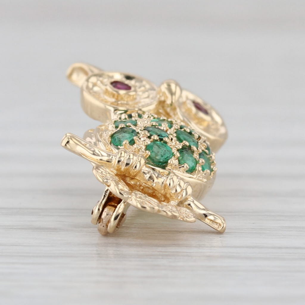 0.30ctw Emerald Ruby Small Owl Pin 14k Yellow Gold