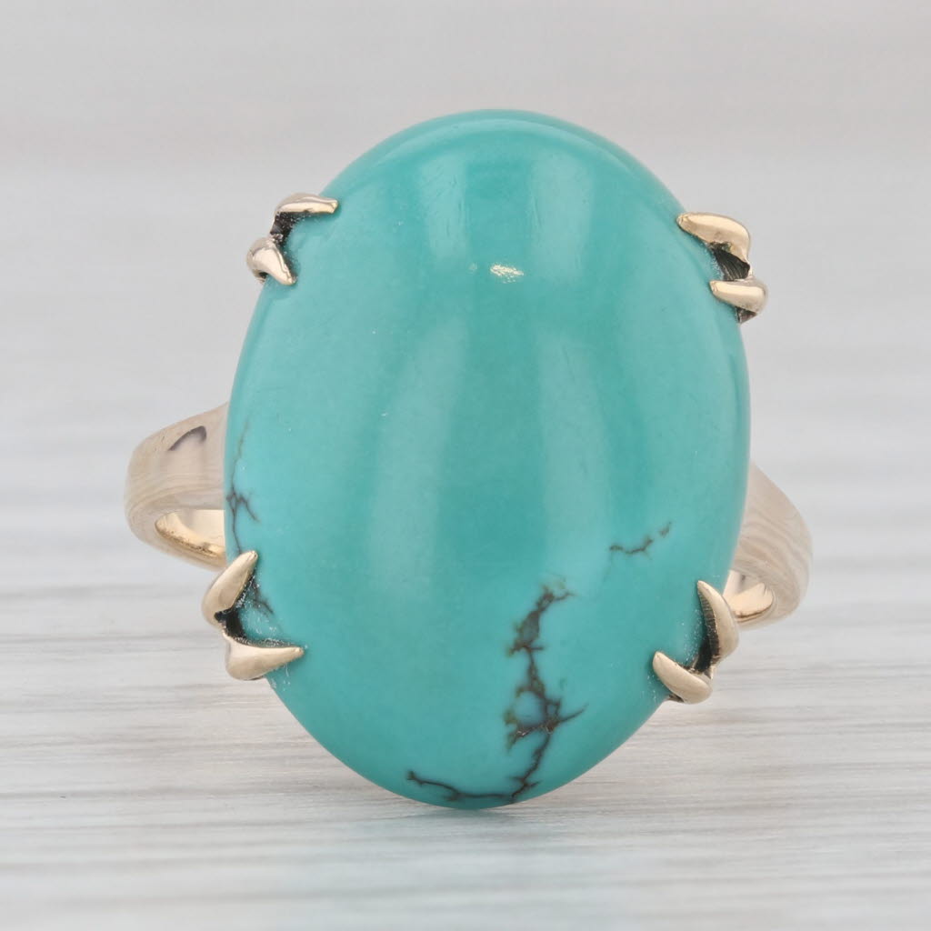 Light Gray Green Turquoise Oval Cabochon Solitaire Ring 10k Yellow Gold Size 5.75