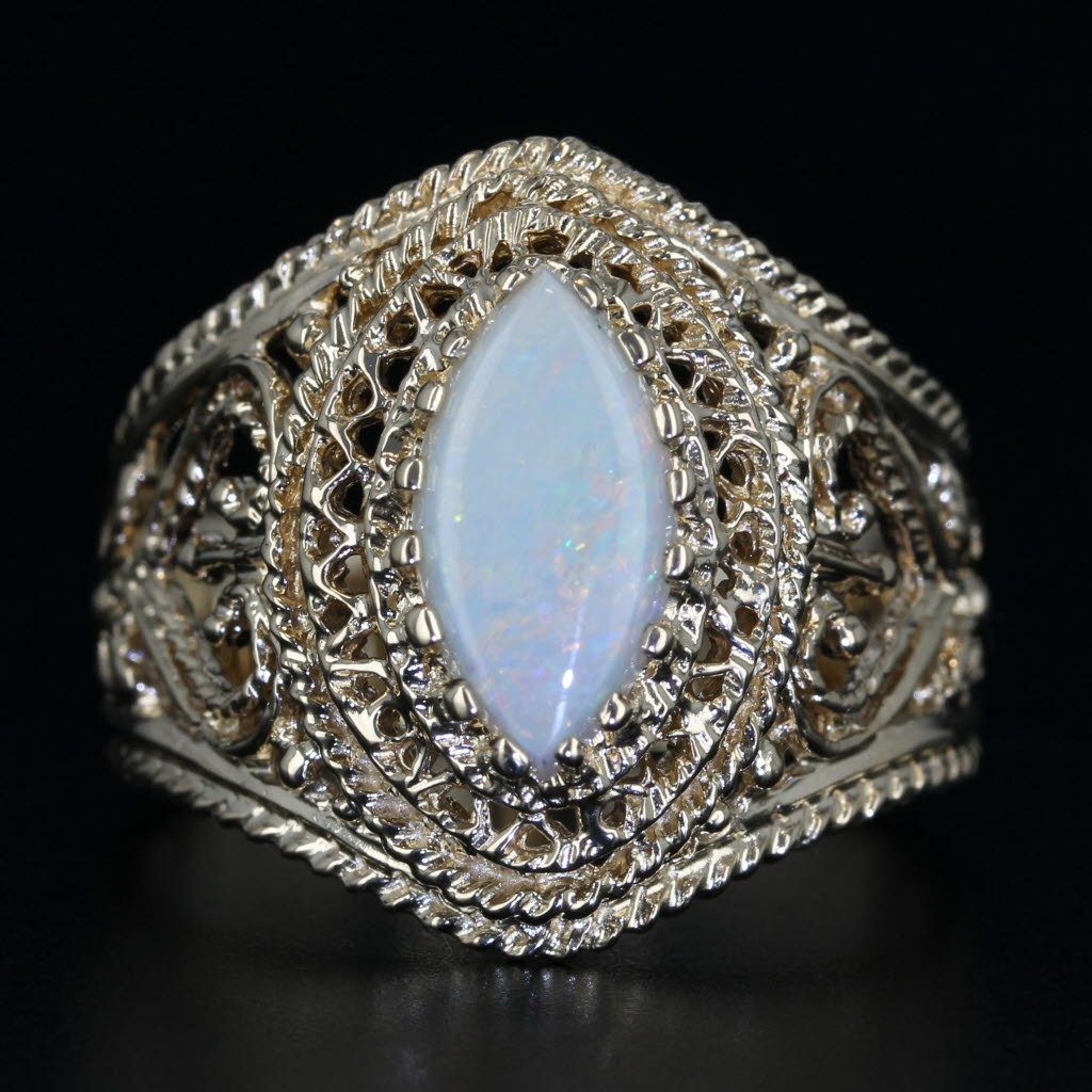 Gray Opal Marquise Cabochon Solitaire Ring 14k Yellow Gold Ornate Heart Accents