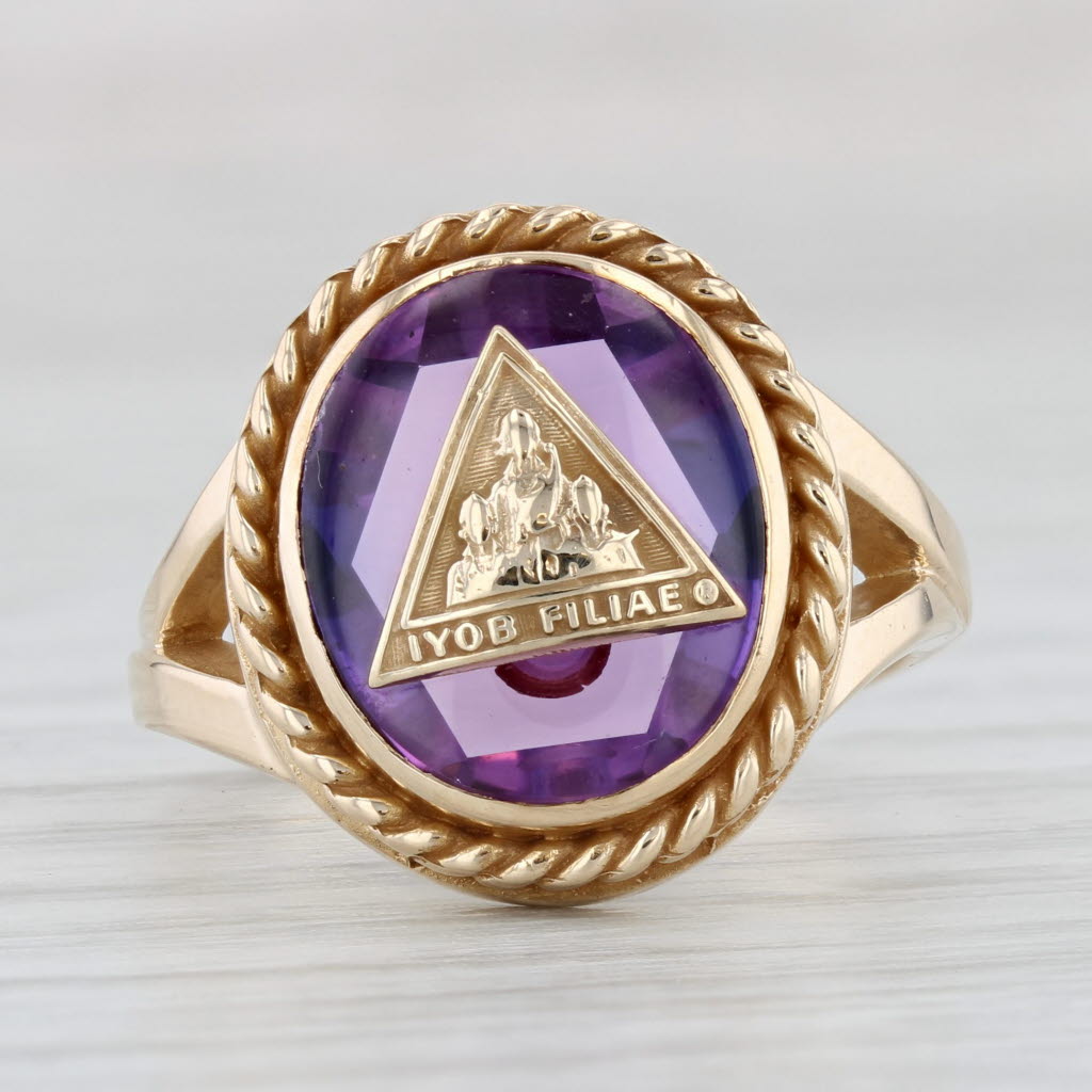 Light Gray Job's Daughters Signet Ring Lab Created Purple Sapphire 10k Gold Size 6.75