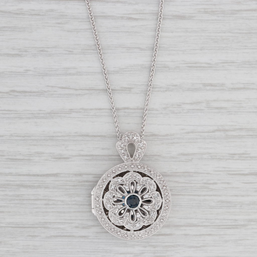 Light Gray 0.57ctw Sapphire Diamond Flower Diffuser Pendant Necklace 14k White Gold 15.75"