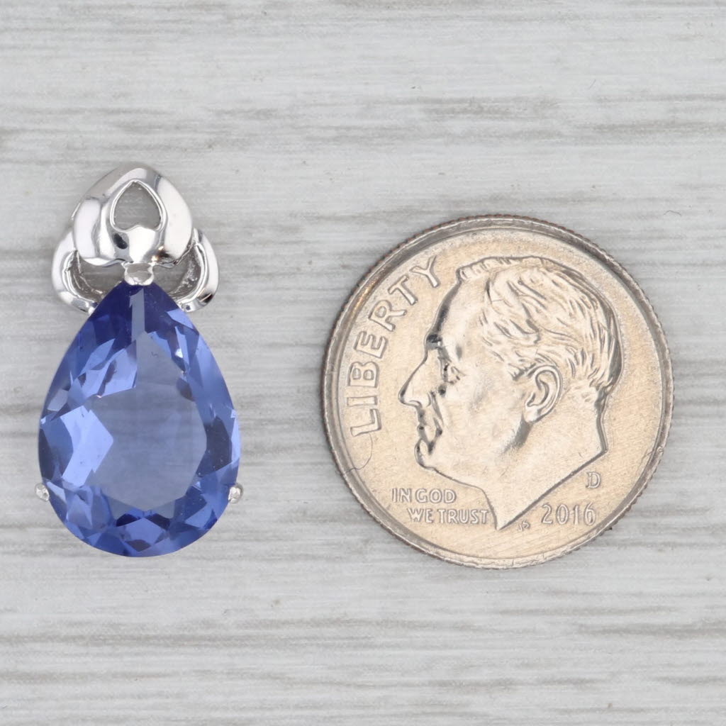 Simulated Sapphire Blue Glass Teardrop Pendant 14k White Gold Heart