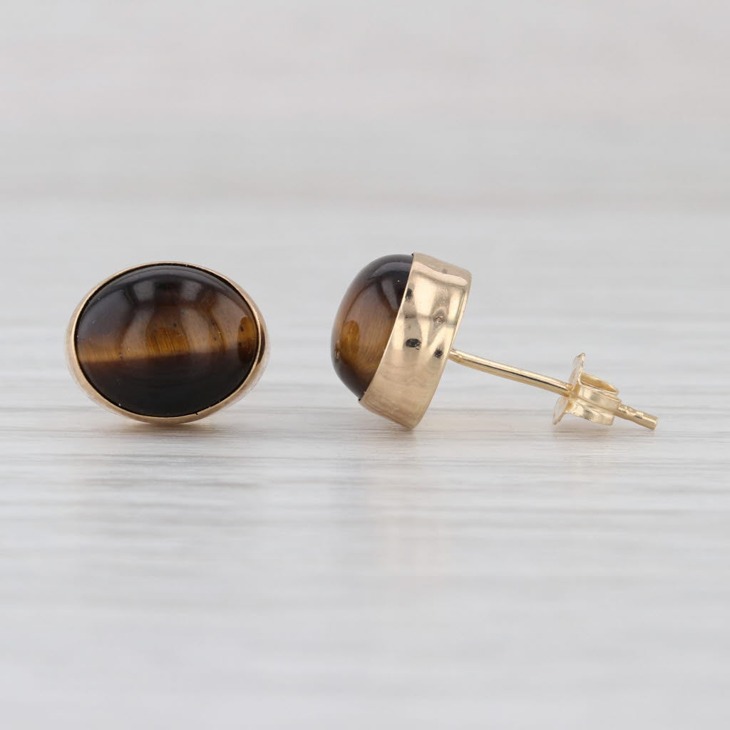 Tiger's Eye Oval Cabochon Solitaire Stud Earrings 14k Yellow Gold