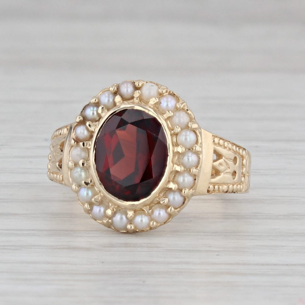 Gray Vintage 2ct Garnet Seed Pearl Halo Ring 14k Yellow Gold Size 6.5