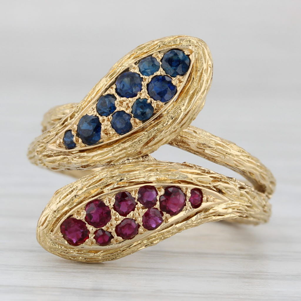 Gray 0.87ctw Blue Sapphire Red Ruby Coiled Snake Bypass Ring 18k Yellow Gold Itay