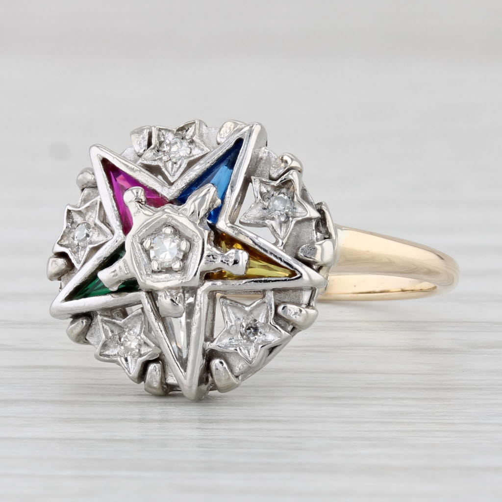 Light Gray Order Eastern Star Ring 14k Gold OES Masonic Signet Diamond Lab Created Gemstone