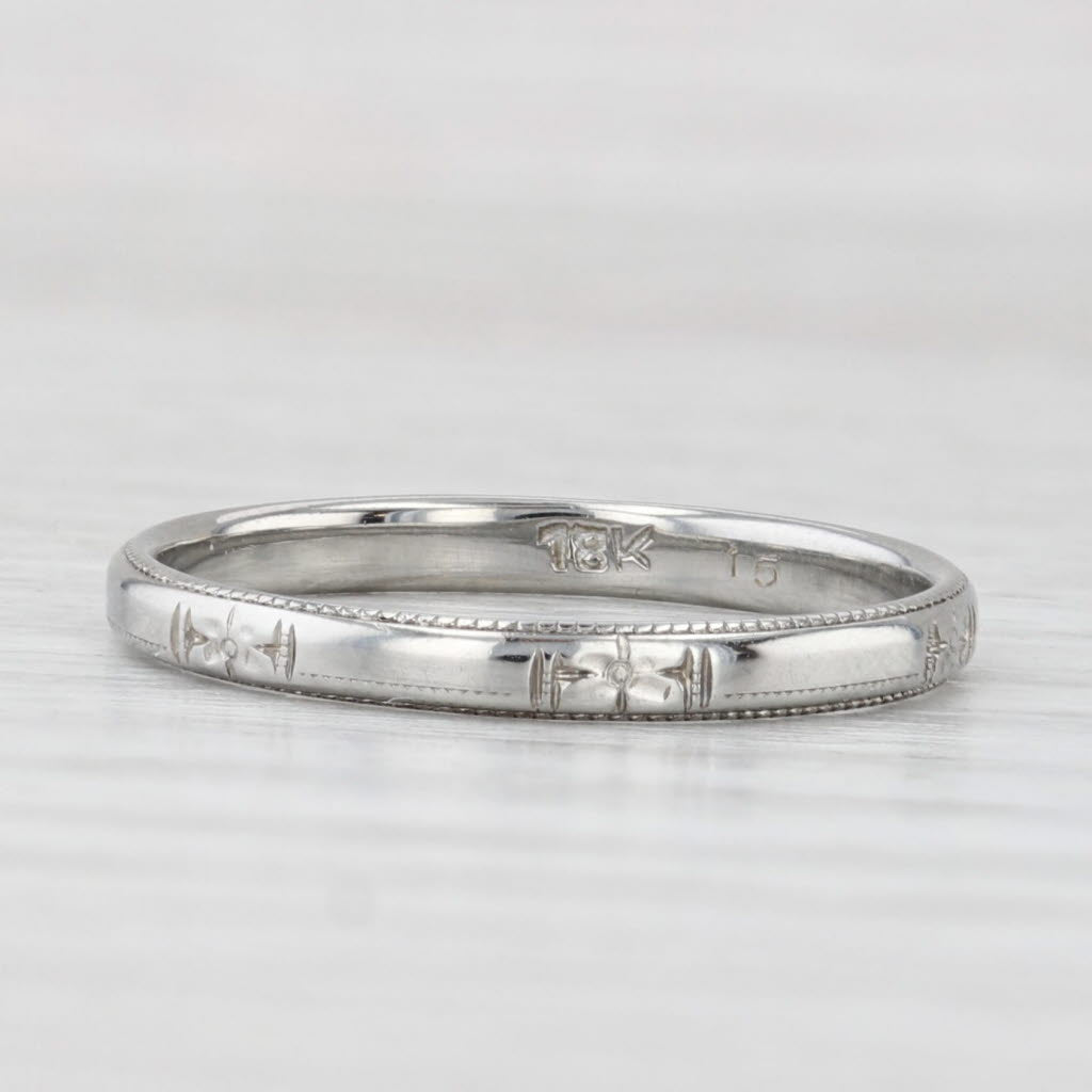 Light Gray Floral Pattern Wedding Band Stackable Ring 18k White Gold Size 6.5