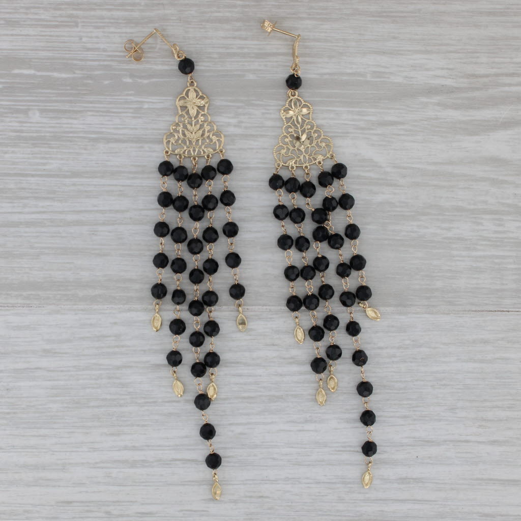 Dark Gray Onyx Bead Dangle Earrings 14k Yellow Gold Chandelier Statement