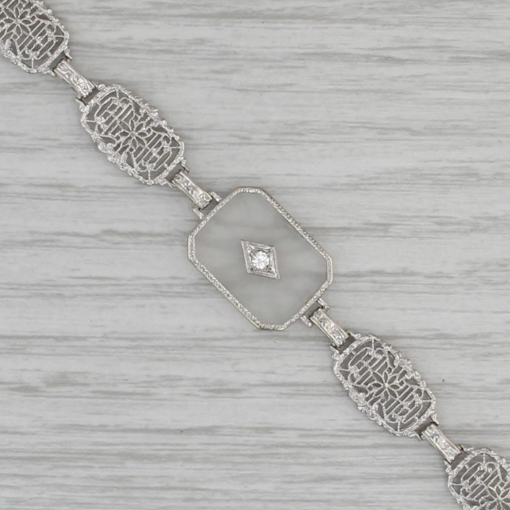Camphor Glass Diamond Filigree Bracelet 14k White Gold 7.5"
