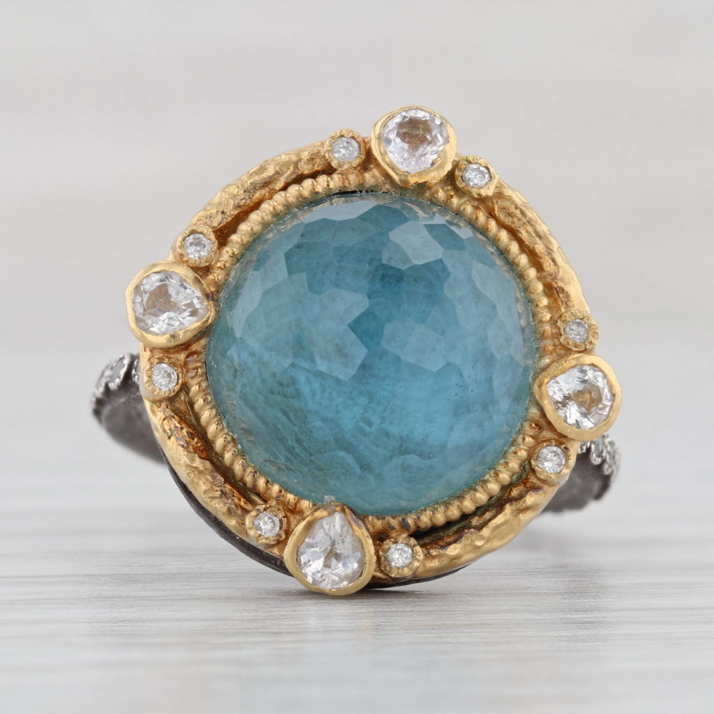 Light Gray Turquoise Moonstone Doublet Diamond Ring 18k Gold Sterling Silver Size 6.5