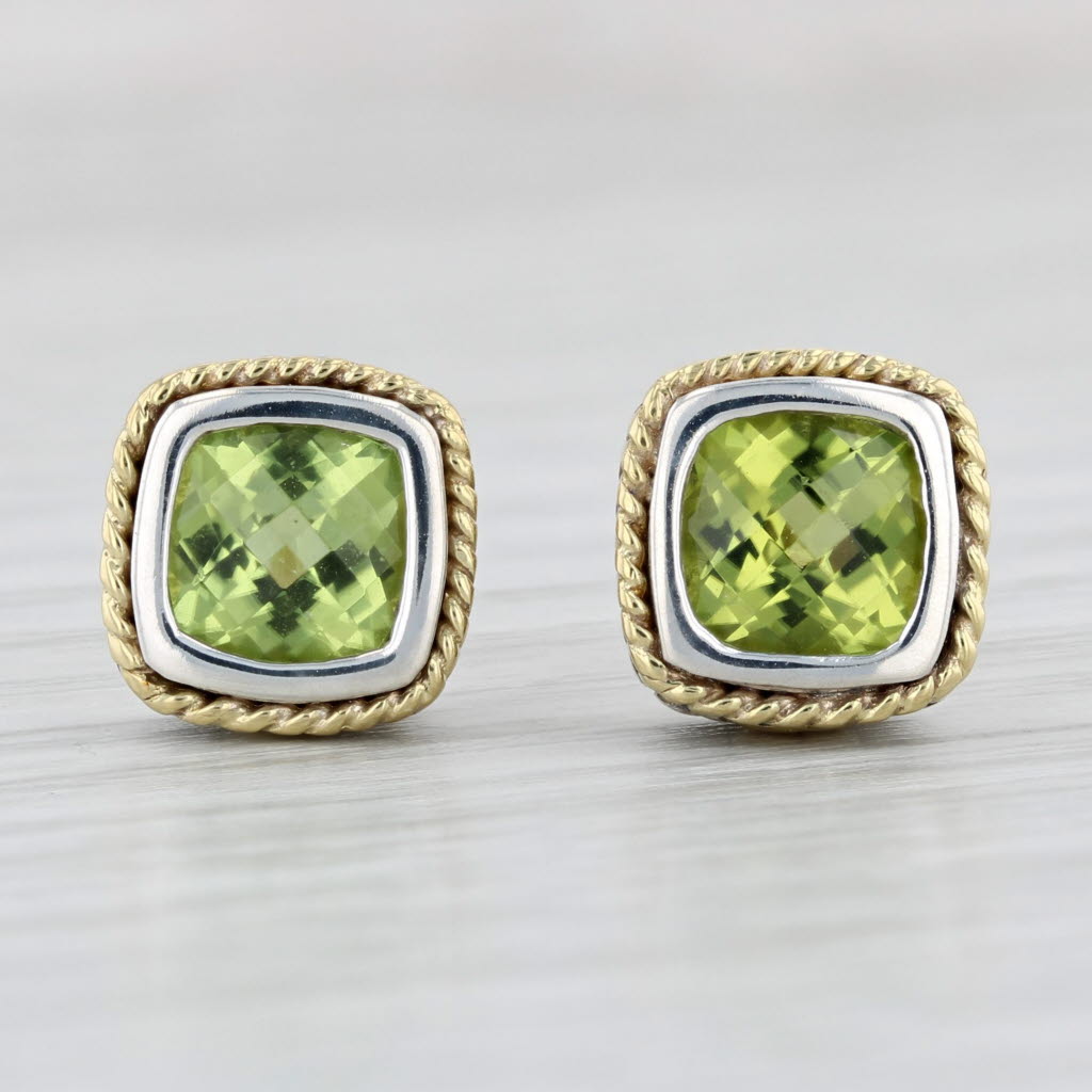 Light Gray 2.20ctw Peridot Stud Earrings 18k Gold Sterling Silver Cushion Solitaires