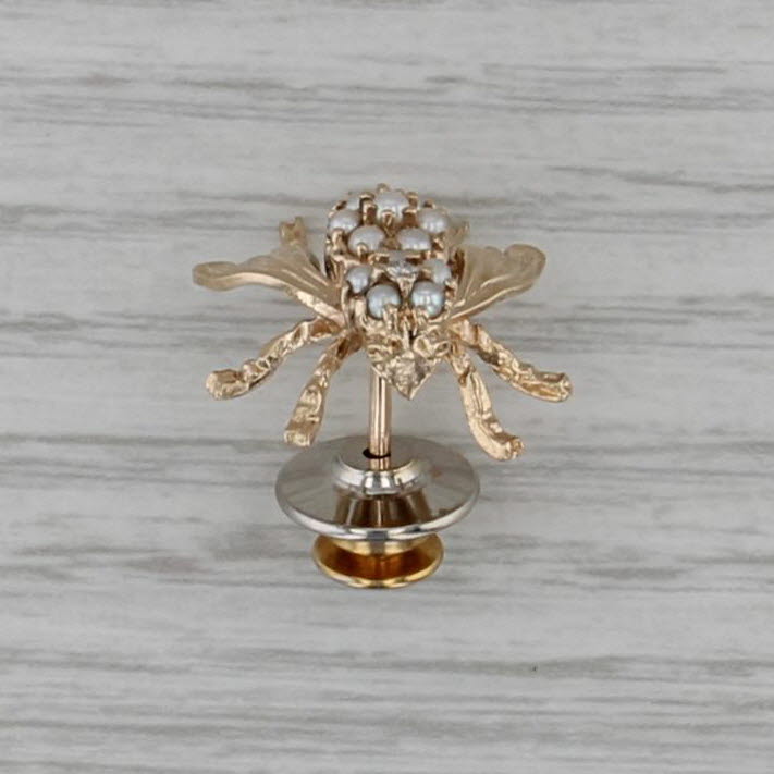 Vintage Seed Pearl Diamond Bee Pin 10k Yellow Gold Tie Tac Lapel