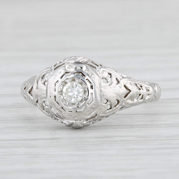 Art Deco Diamond Solitaire Engagement Ring 18k White Gold Filigree Size 6.5
