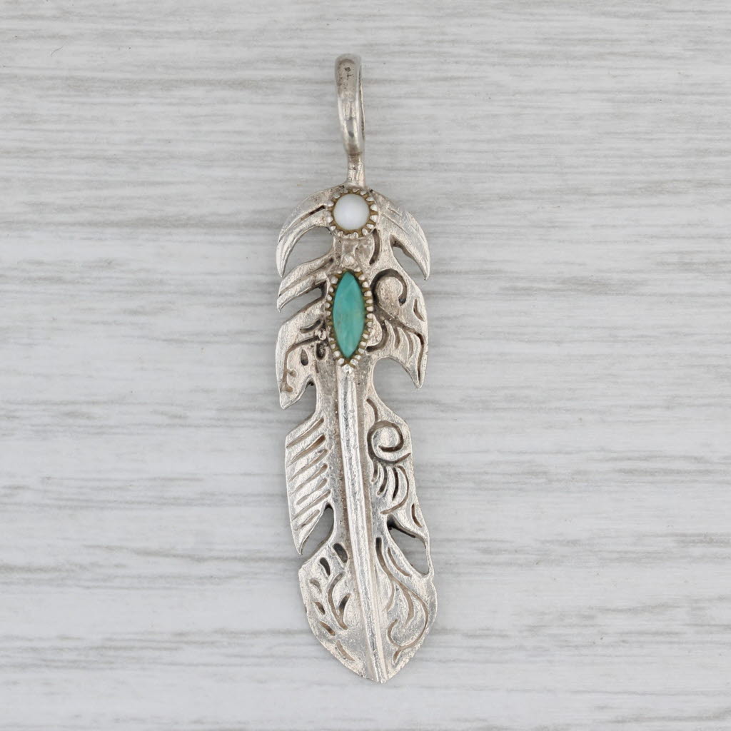 Gray Vintage Mother of Pearl Simulated Turquoise Feather Pendant Sterling Silver