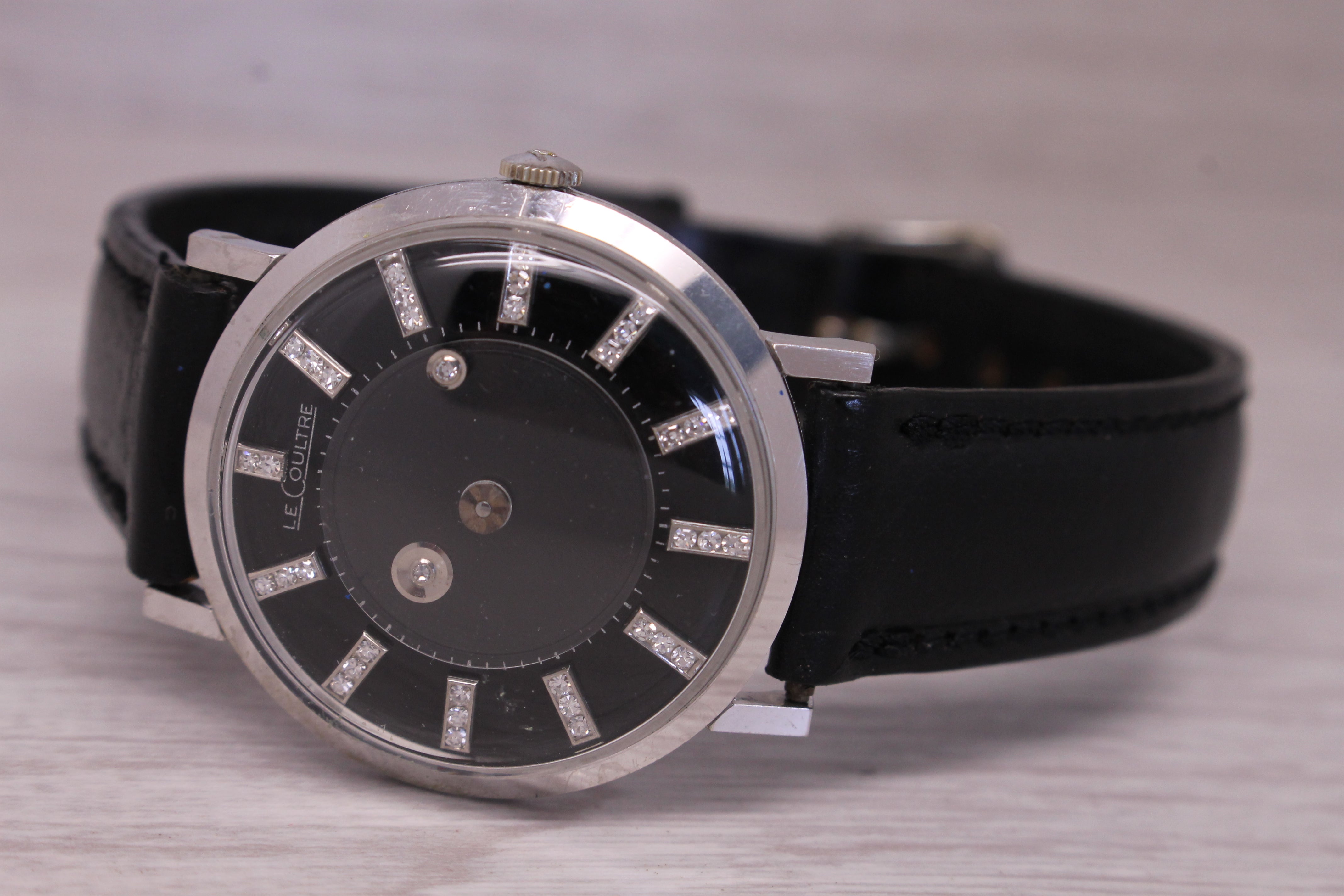 Rosy Brown Vintage 1960s LeCoultre Mystery Dial 14k White Gold Diamond Dial Mens Watch