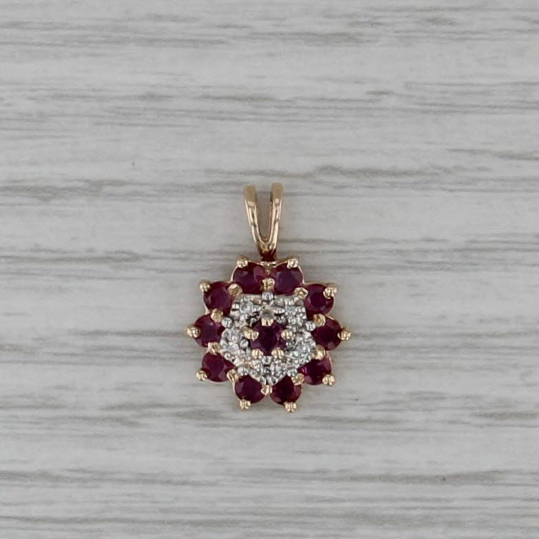 1.02ctw Ruby Diamond Flower Cluster Pendant 10k Yellow Gold